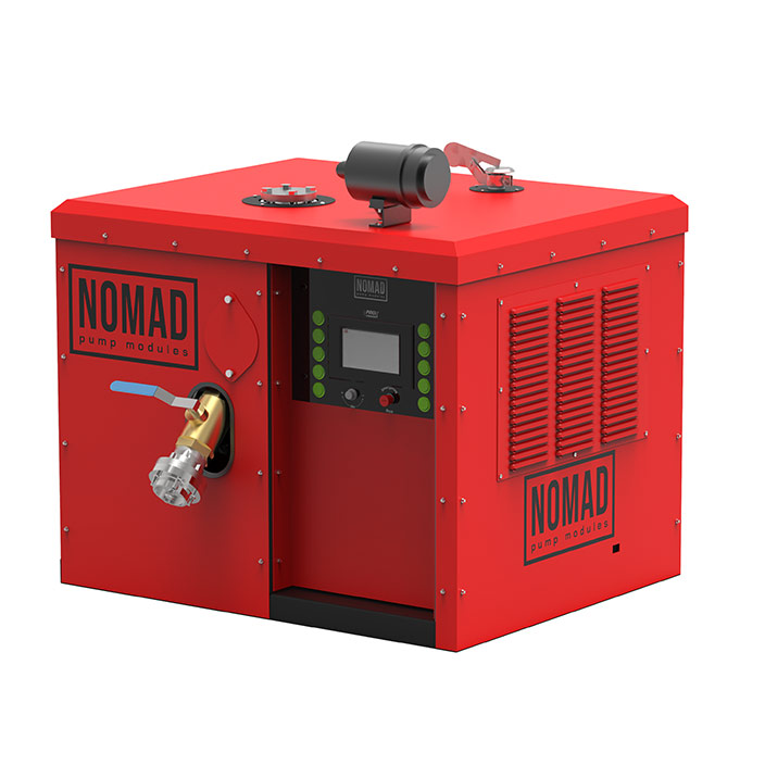NOMAD P5d-M &ndash; front three-quarter view of the enclosure, with the digital control panel and discharge valve
