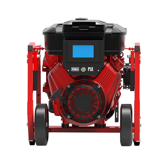 NOMAD P5X &ndash; portable configuration on all-terrain wheels, three-quarter view with the digital display